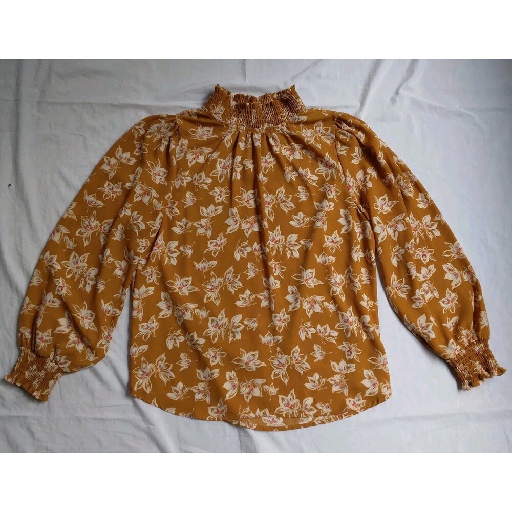 Pleione Smocked Neck Long Sleeve Mustard Floral Top Cottagecore Women's M